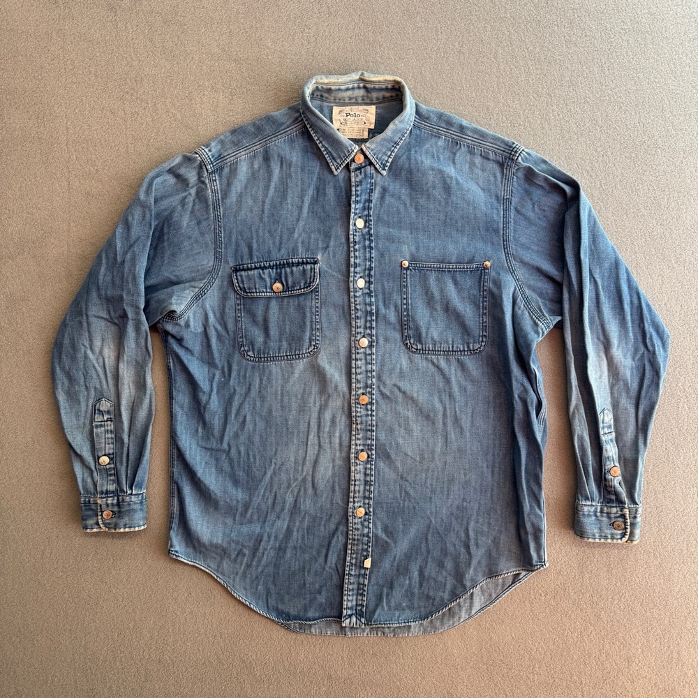 Vintage Polo Ralph Lauren Denim Shirt Large Mens Dungaree Metal Button Workshirt